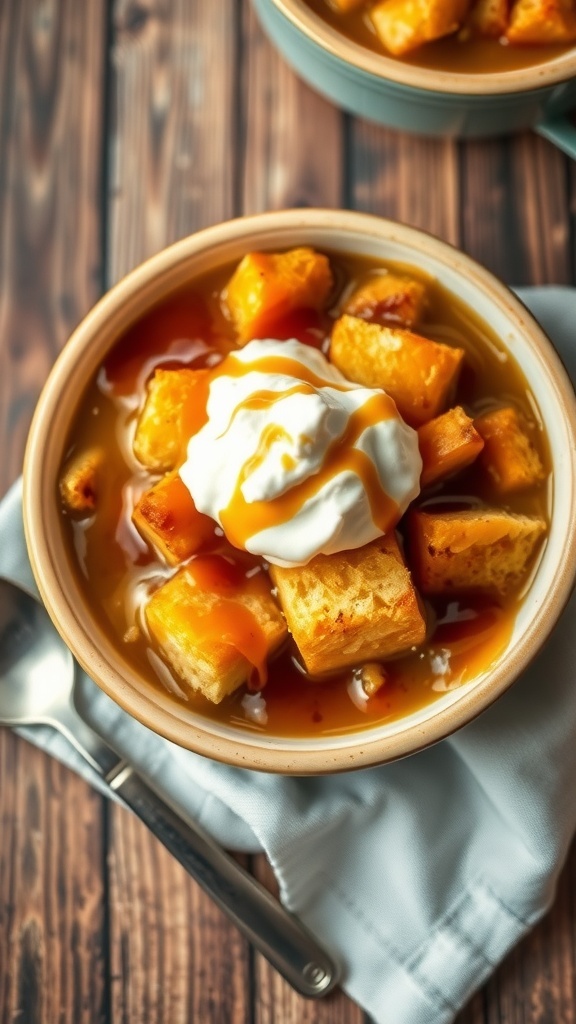 A bowl of warm bread pudding topped with caramel sauce and whipped cream on a rustic wooden table.